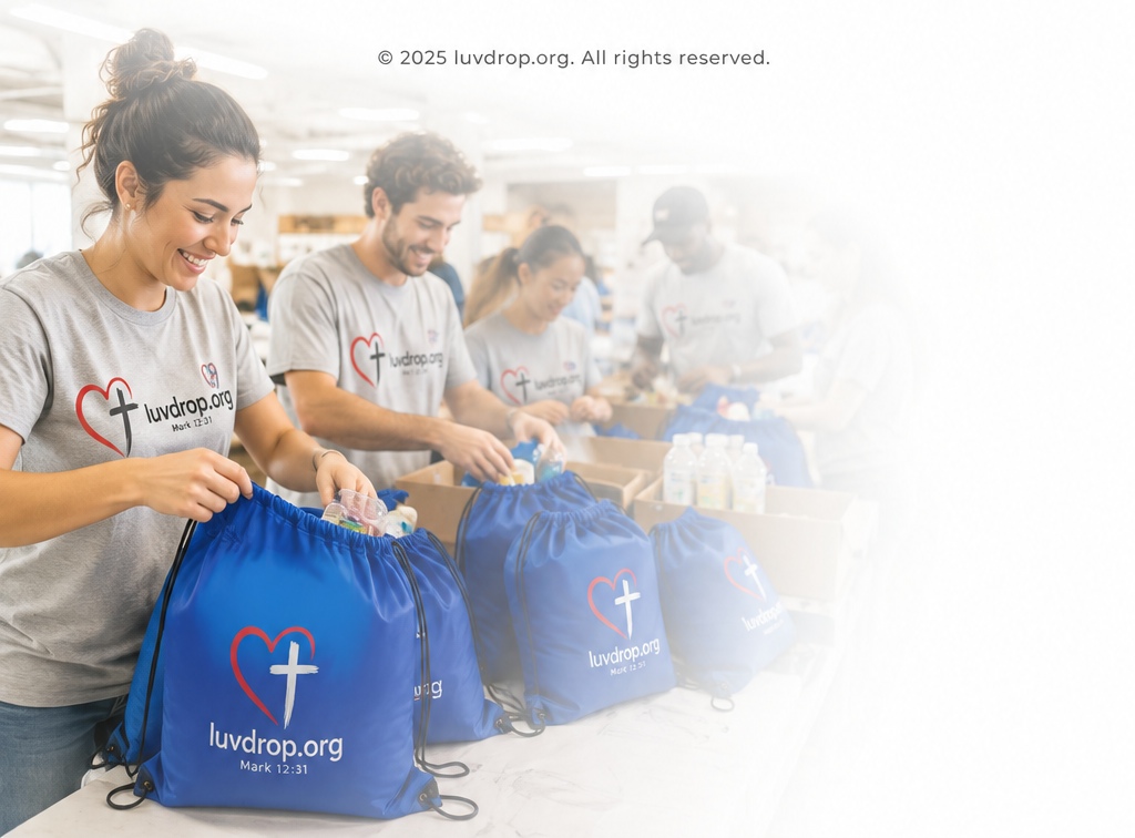 Four volunteers packing royal blue LuvDrop drawstring bags